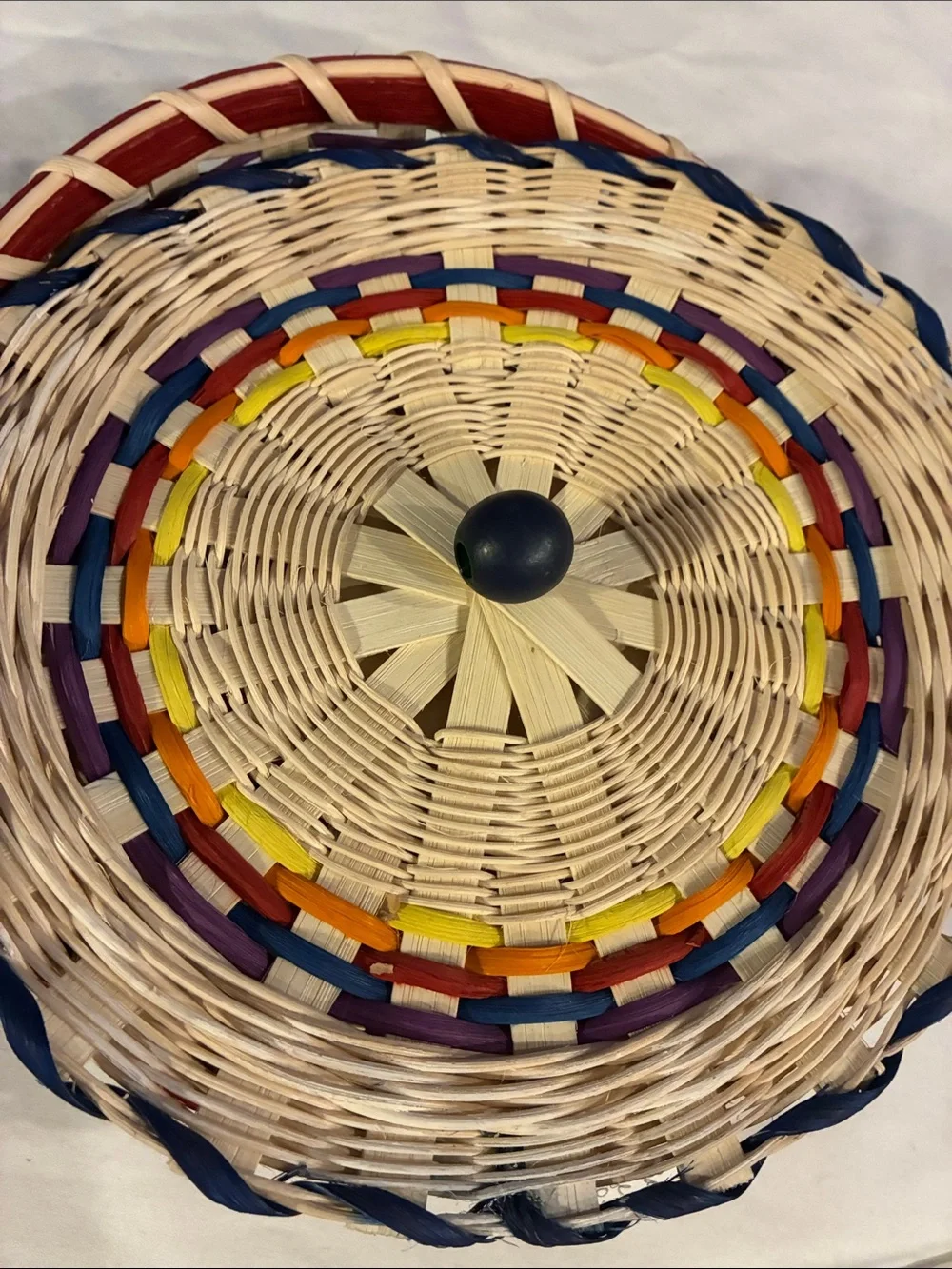 Handwoven Tortilla Basket Natural Wicker Basket Multicolor Accent Lid Wood Knob